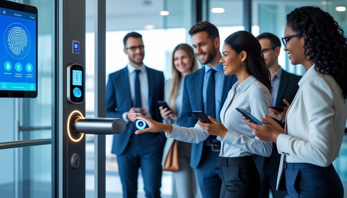 A group of business professionals using a biometric fingerprint scanner to access a secure office entrance.