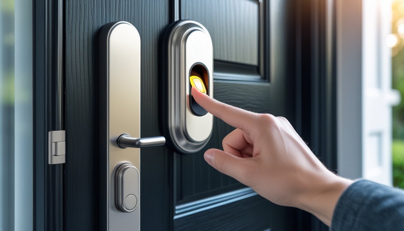A hand pressing a fingerprint scanner on a modern front door with a biometric lock.