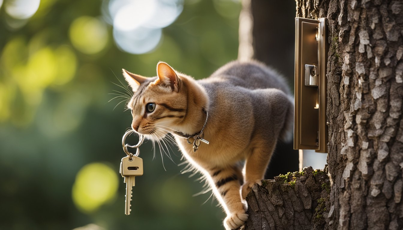 A cat stuck in a tree with a key dangling from its collar, while a squirrel tries to unlock a door with a tiny key