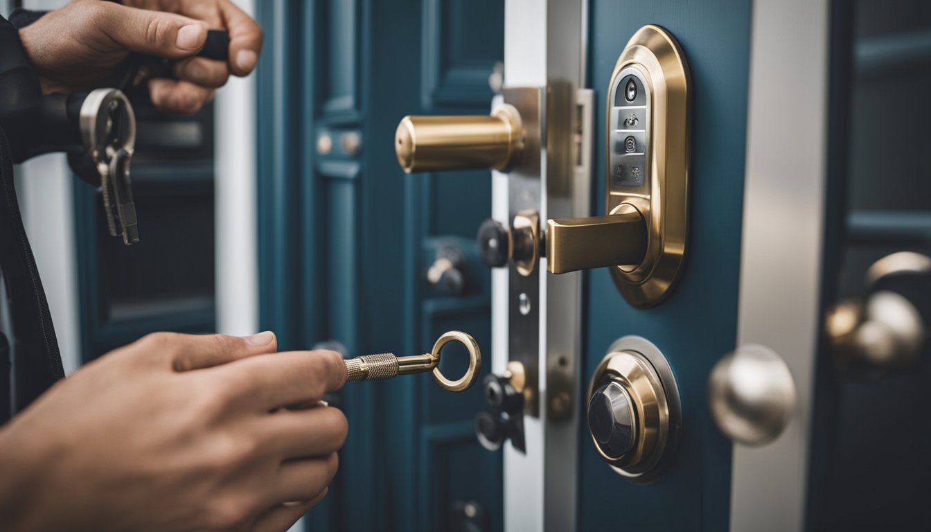 A locksmith carefully installs high-security locks on a complex door, using specialized tools and equipment to enhance security