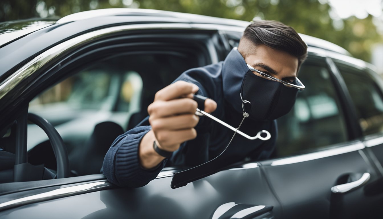 A locksmith unlocking a car with a coat hanger