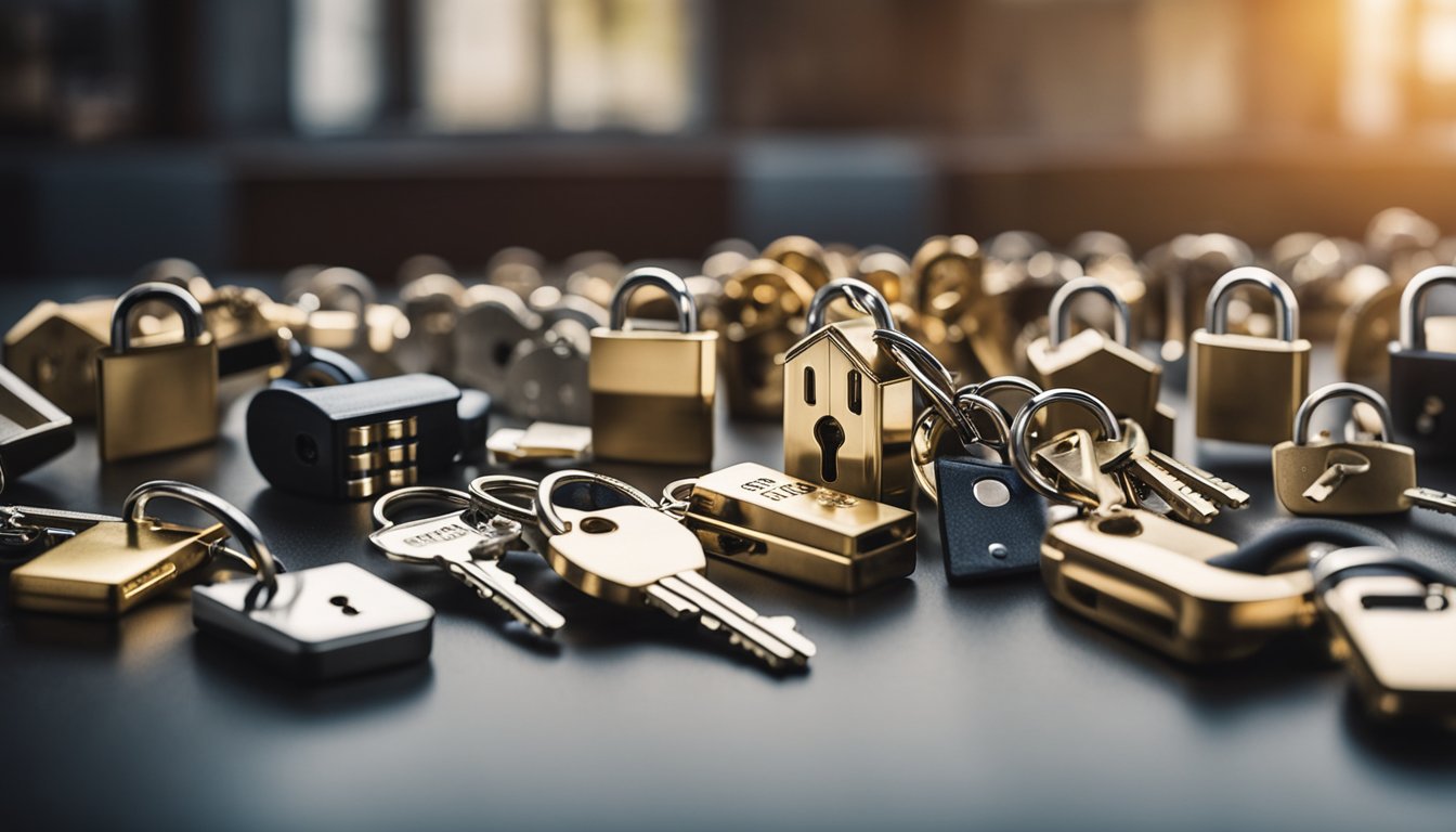 A house with various types of locks displayed on a table, with a key ring and a door in the background