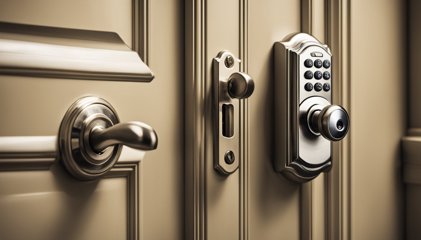 A hand reaches for a sturdy deadbolt lock on a front door, with a keypad and keyhole visible. A security camera watches from above