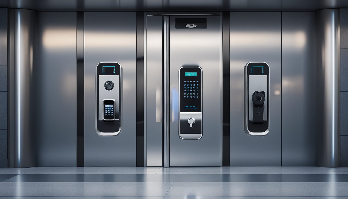 A sleek, high-tech lock with biometric and keyless entry features, surrounded by futuristic security cameras and advanced access control systems