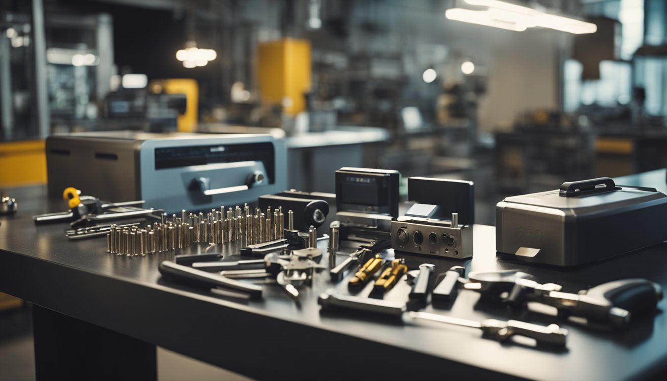 A table displays modern locksmith tools and equipment. Key cutting machine, lock pick set, and electronic lock pick gun are visible