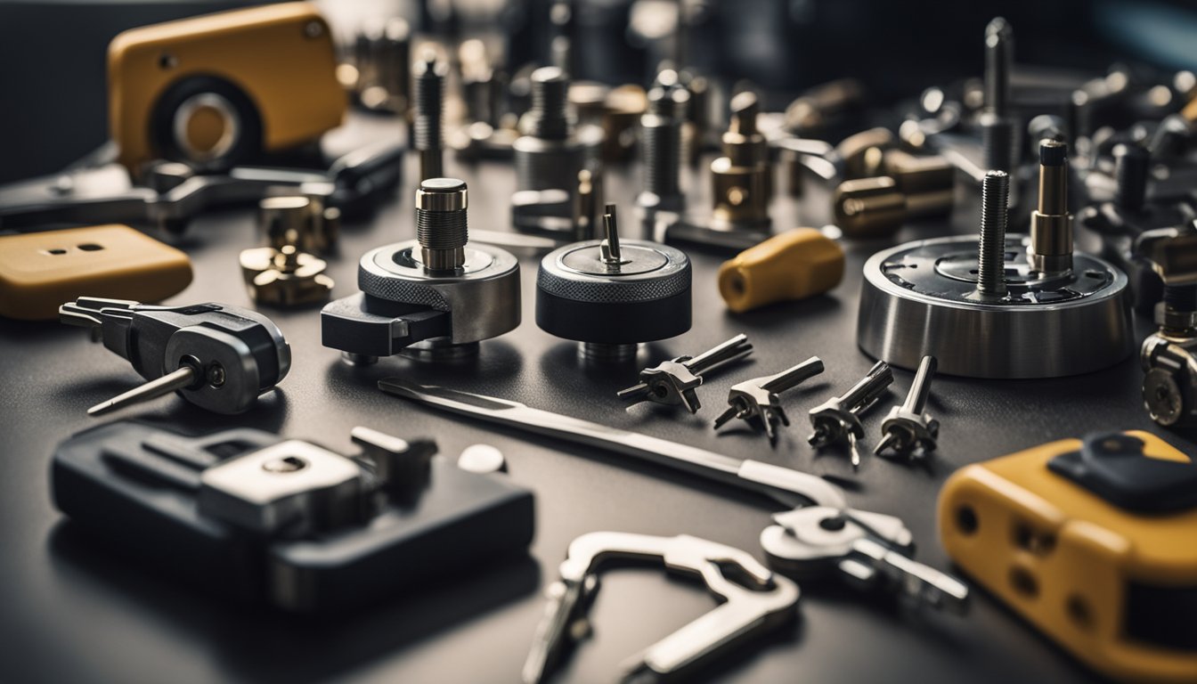 A table with various modern locksmith tools and equipment neatly arranged, including lock picks, key cutting machines, and electronic lock bypass tools