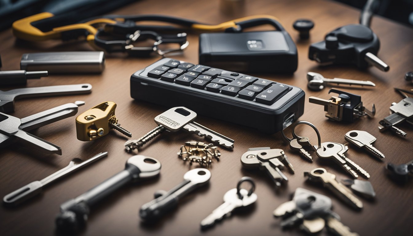 A table covered with modern locksmith tools and equipment, including lock picks, key cutting machines, and electronic key programmers