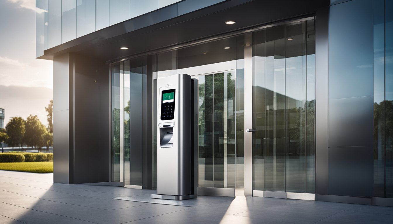 A modern building entrance with a keyless entry system, featuring a sleek and futuristic design with a digital keypad or card reader