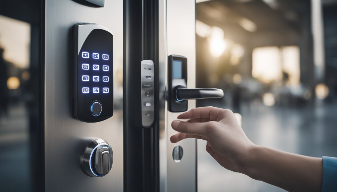 A futuristic keyless entry system is being implemented, offering enhanced security and convenience. A person approaches a door and effortlessly gains access without using a traditional key