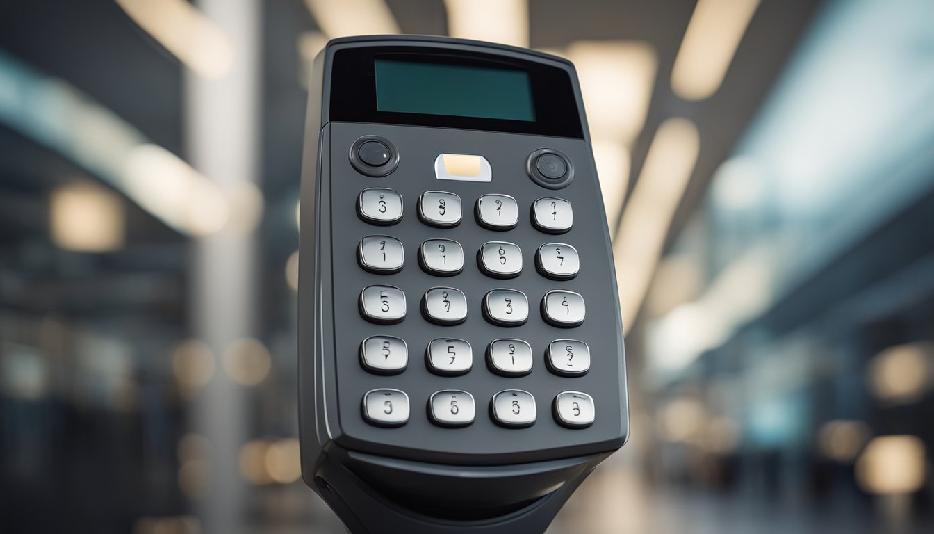 A modern security system with keyless entry, featuring a sleek and futuristic design, with digital keypads and advanced biometric scanners