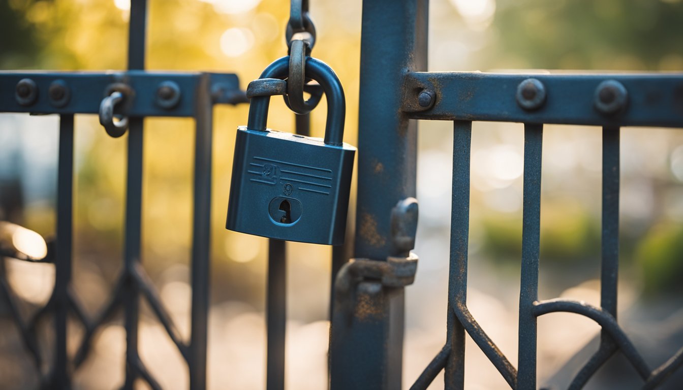 A sturdy padlock hangs from a rust-resistant gate, surrounded by outdoor elements. The lock is weather-worn but secure, symbolizing outdoor security