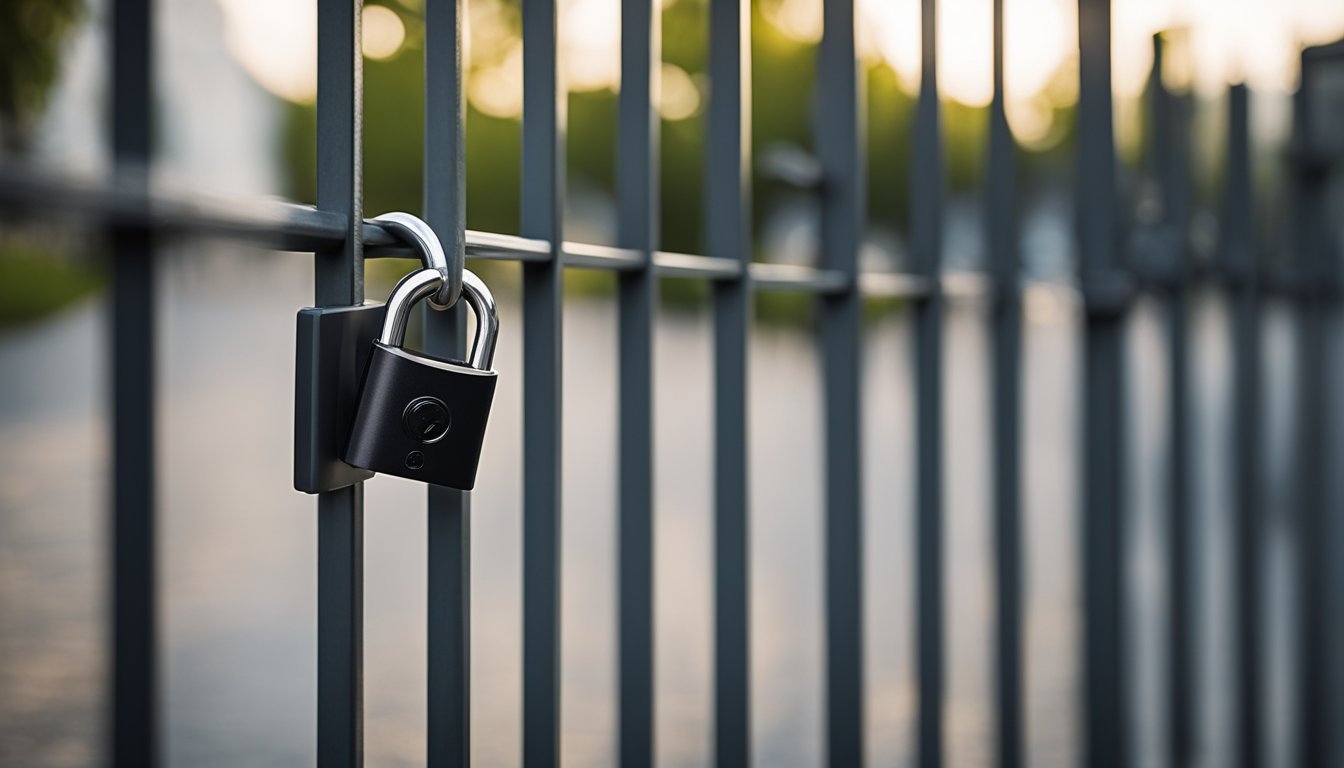 A padlock with weather-resistant coating hangs from a sturdy gate latch, surrounded by outdoor security features like motion sensor lights and security cameras