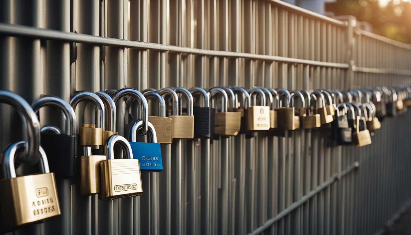 A variety of padlocks displayed against a backdrop of outdoor settings, such as gates, fences, and storage units, with labels indicating their security features