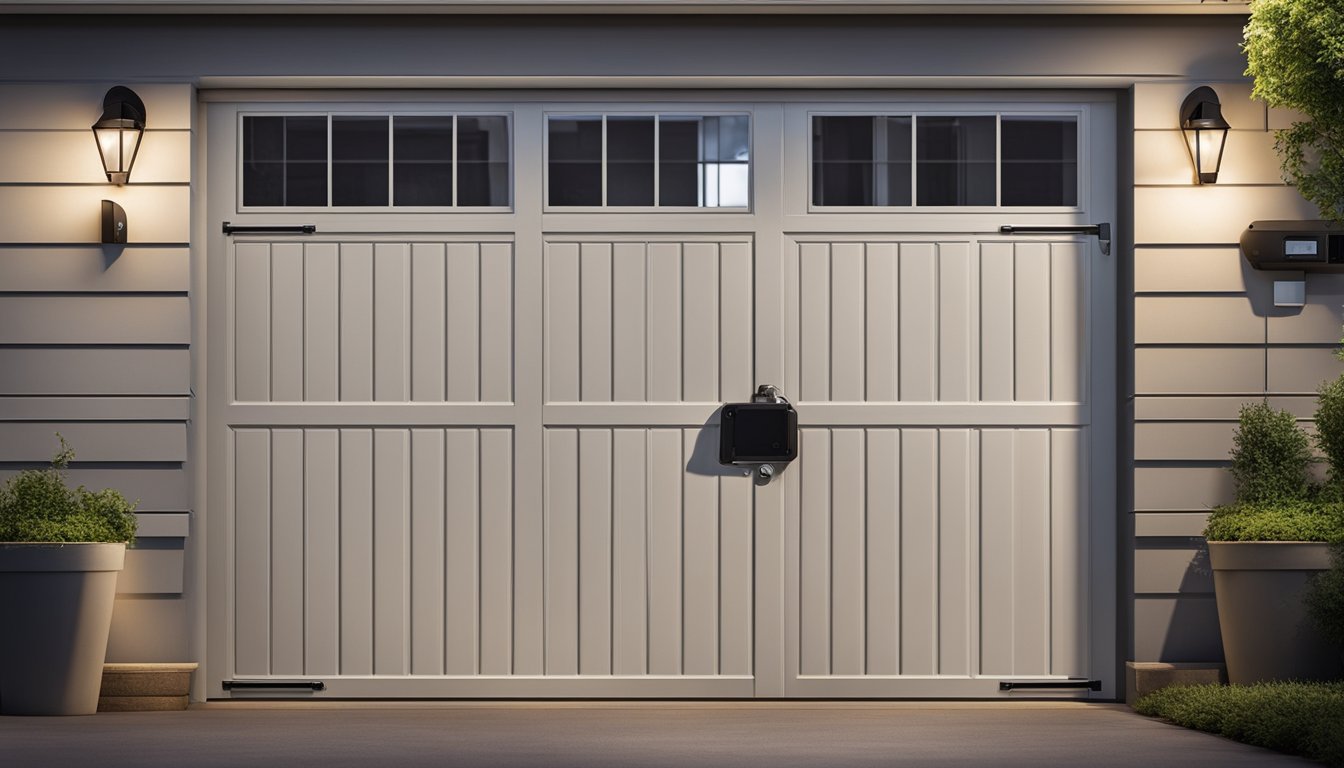 A sturdy lock secures the garage door. Motion sensor lights illuminate the perimeter. Security cameras monitor the area. A reinforced garage door resists forced entry