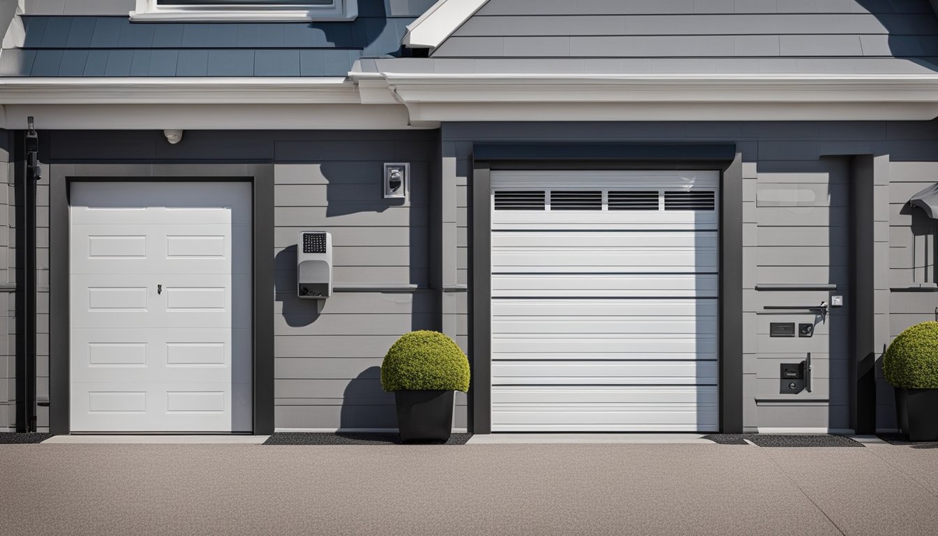 A garage door with a heavy-duty lock, reinforced hinges, and motion sensor lights. Security cameras mounted at key points, and a keypad entry system