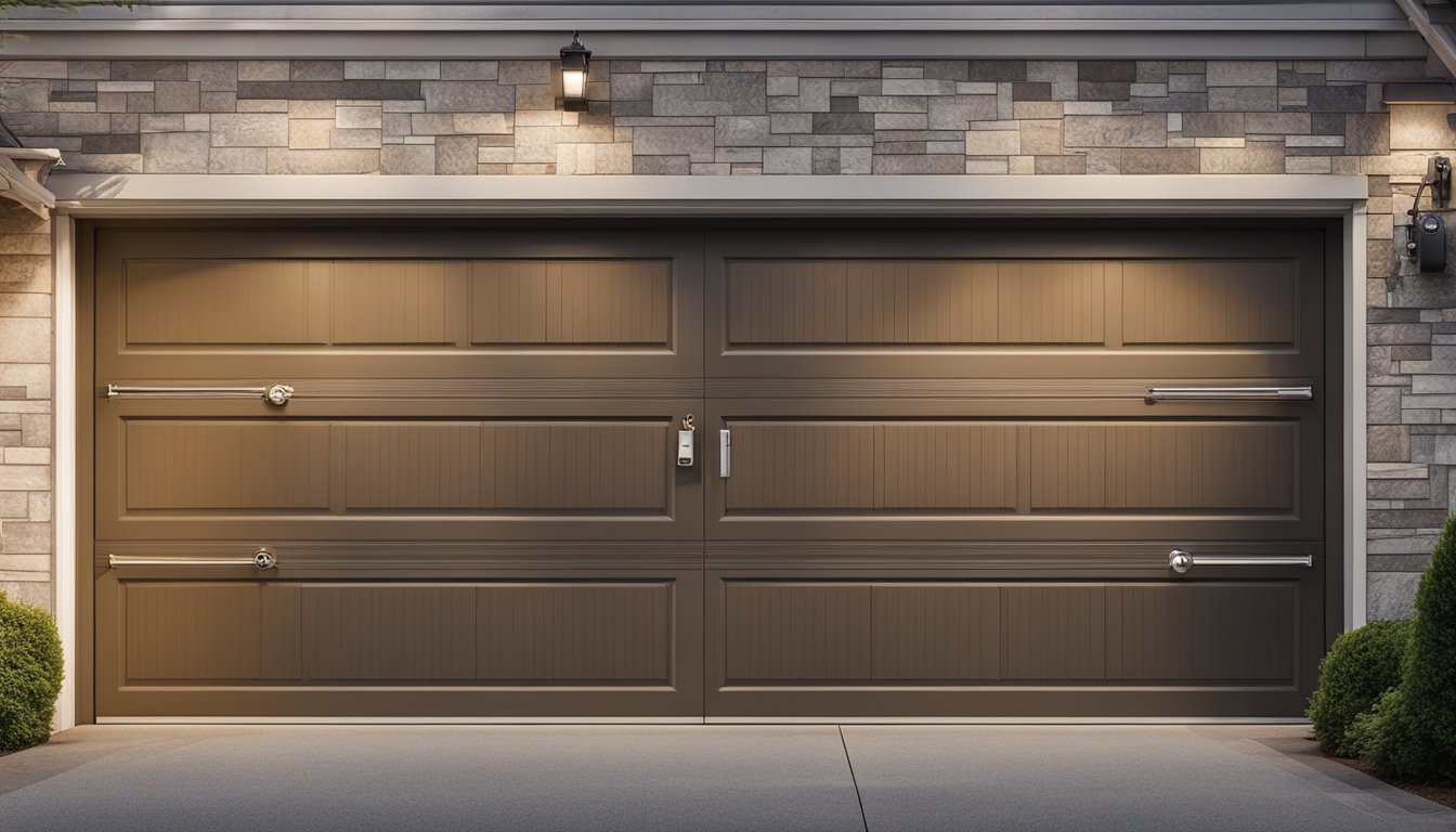 A garage door with a heavy-duty lock and reinforced hinges. Security camera mounted above entrance. Motion sensor lights around perimeter