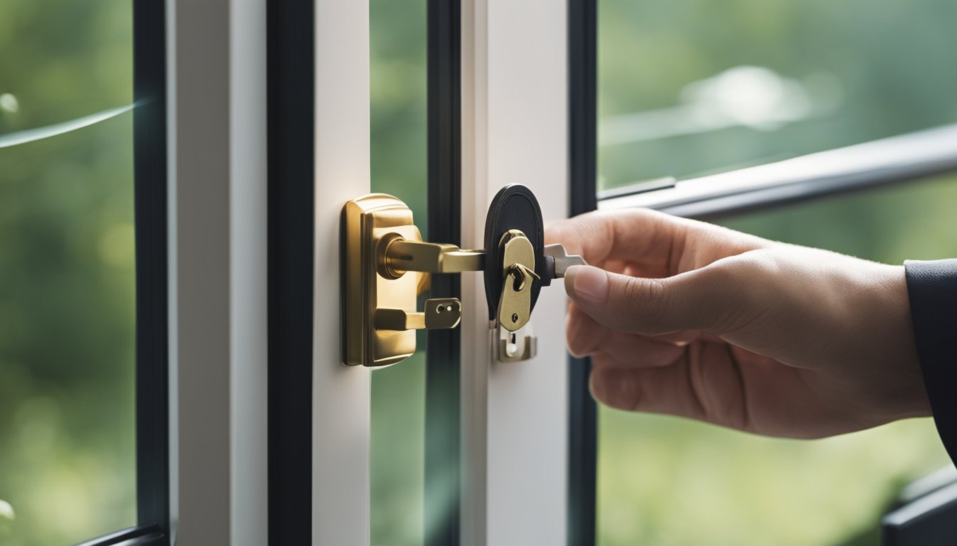 A window lock being installed on a window frame, with a key turning to secure it in place