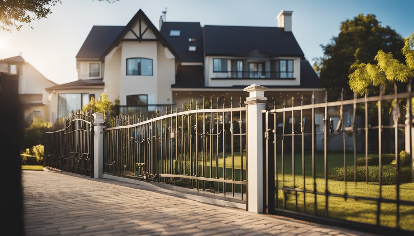 A home with open windows secured by locks, surrounded by a fence and motion-activated lights