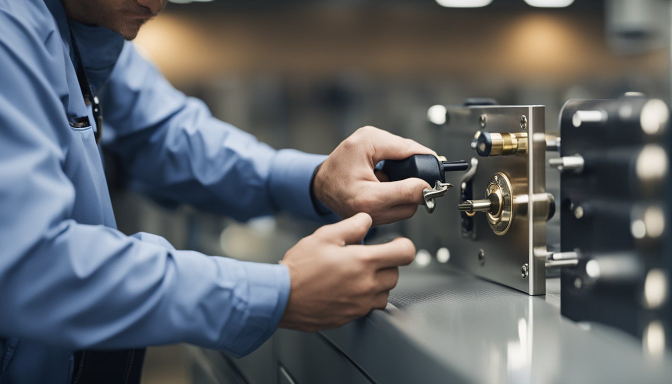 A locksmith carefully inspects and lubricates a lock, avoiding common maintenance mistakes