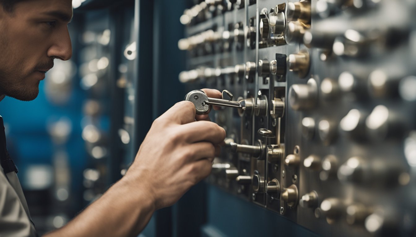 A locksmith carefully inspecting a well-maintained lock, avoiding common mistakes. Tools and maintenance equipment are neatly organized nearby