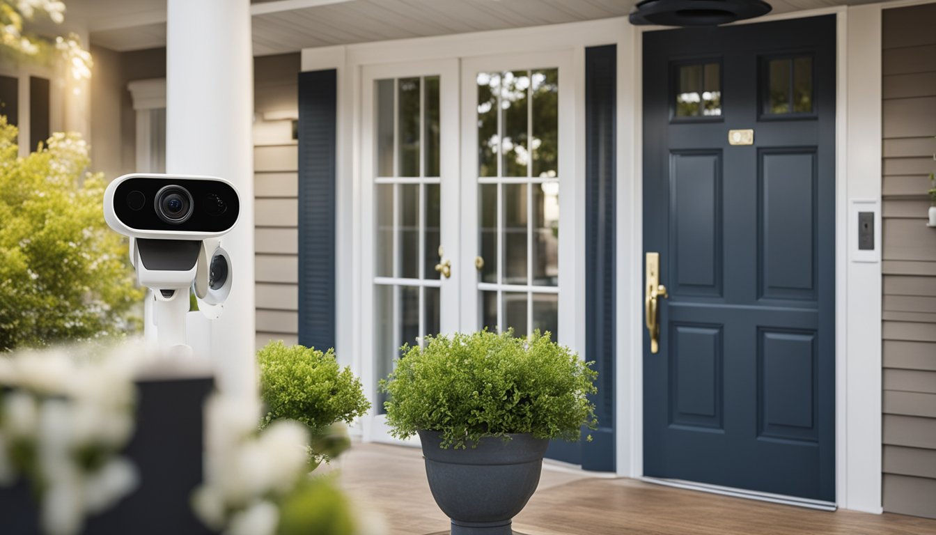 A family home with new security cameras, motion sensor lights, and smart locks installed on doors and windows