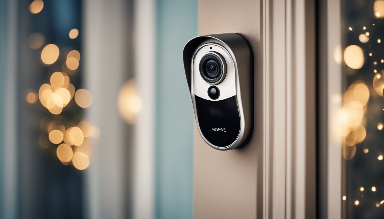 A small, cozy home with a visible security camera, motion sensor lights, and a smart doorbell. A keypad entry system is installed on the front door