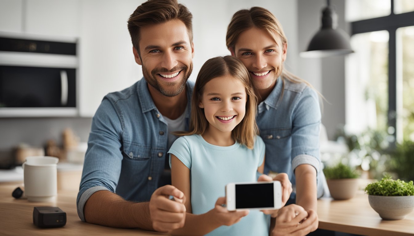 A smiling family installs affordable home security upgrades, including smart locks and cameras, to protect their home