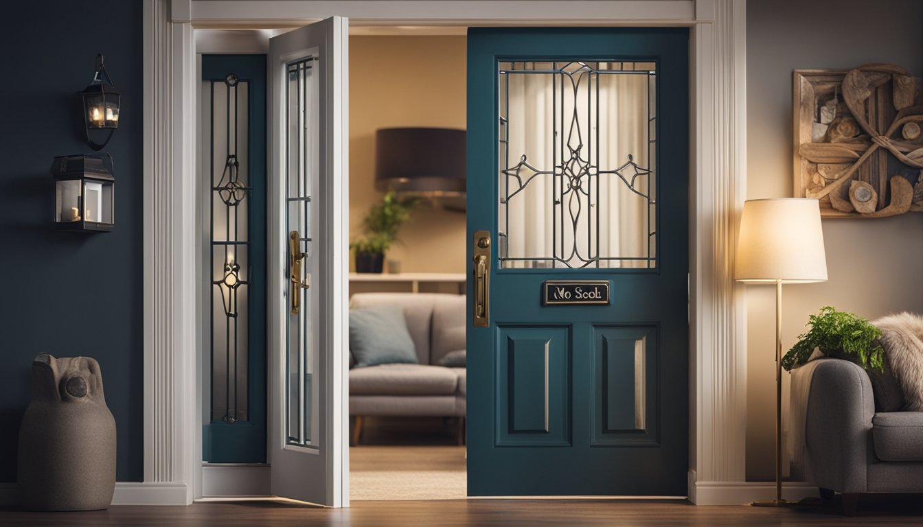 A locked front door with a "No Soliciting" sign. Closed blinds and curtains. A timer-activated light in the living room