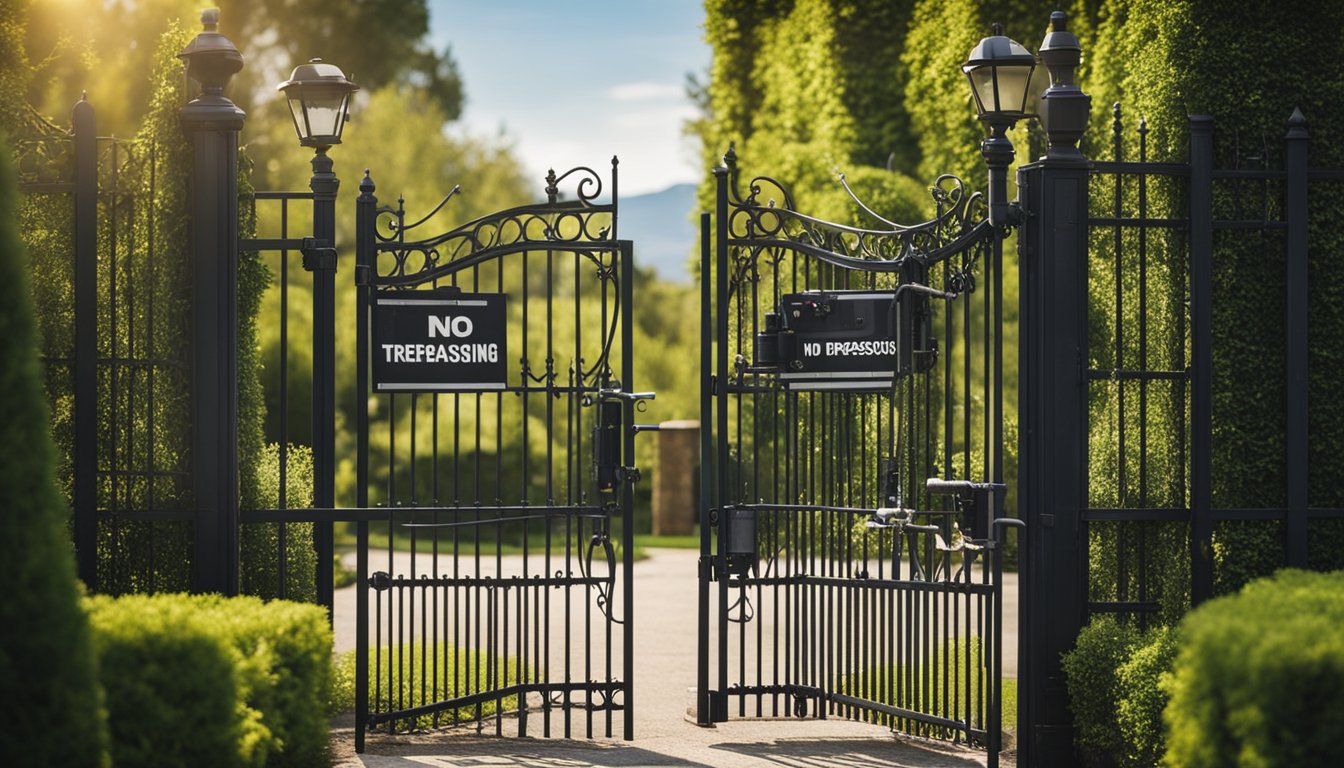 A locked gate with a "No Trespassing" sign, security cameras, and a well-maintained garden with trimmed hedges and a sprinkler system