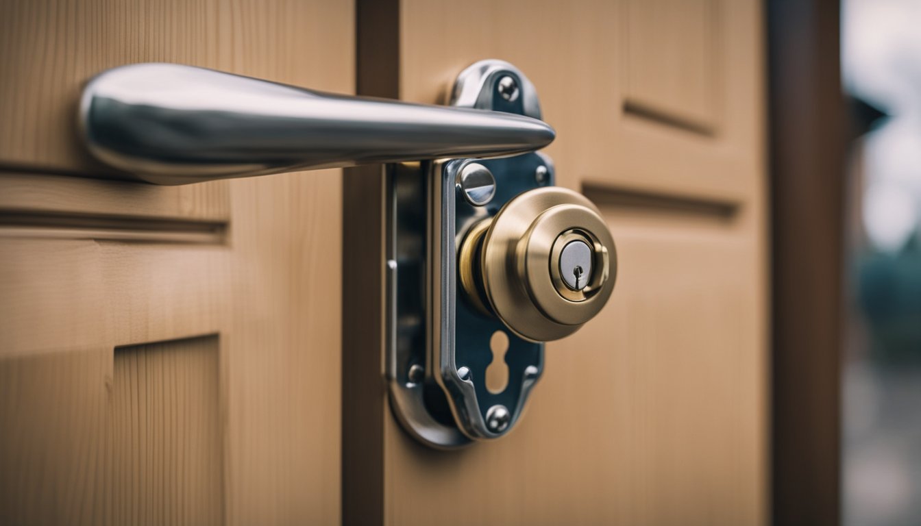 A sturdy lock being reinforced with a metal strike plate and longer screws, while a deadbolt is being installed on the door