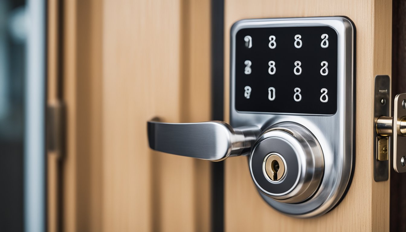 A door with a basic lock is shown, next to it a set of upgraded locks and security devices. The scene conveys the idea of assessing and improving home security on a budget