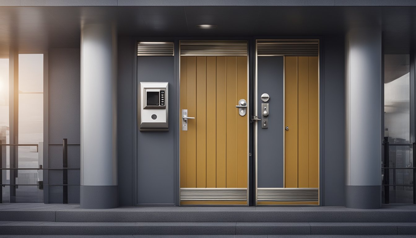 A locked door with reinforced hinges and a sturdy deadbolt, surrounded by security cameras and motion sensor lights