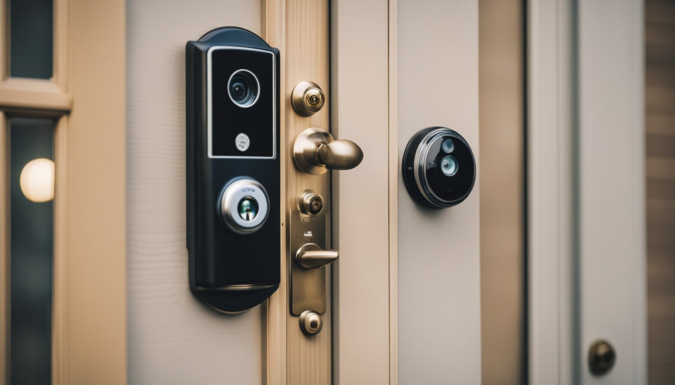 A door with a sturdy deadbolt lock, a window with security bars, a motion-sensor light, and a home security camera mounted on the exterior of a house