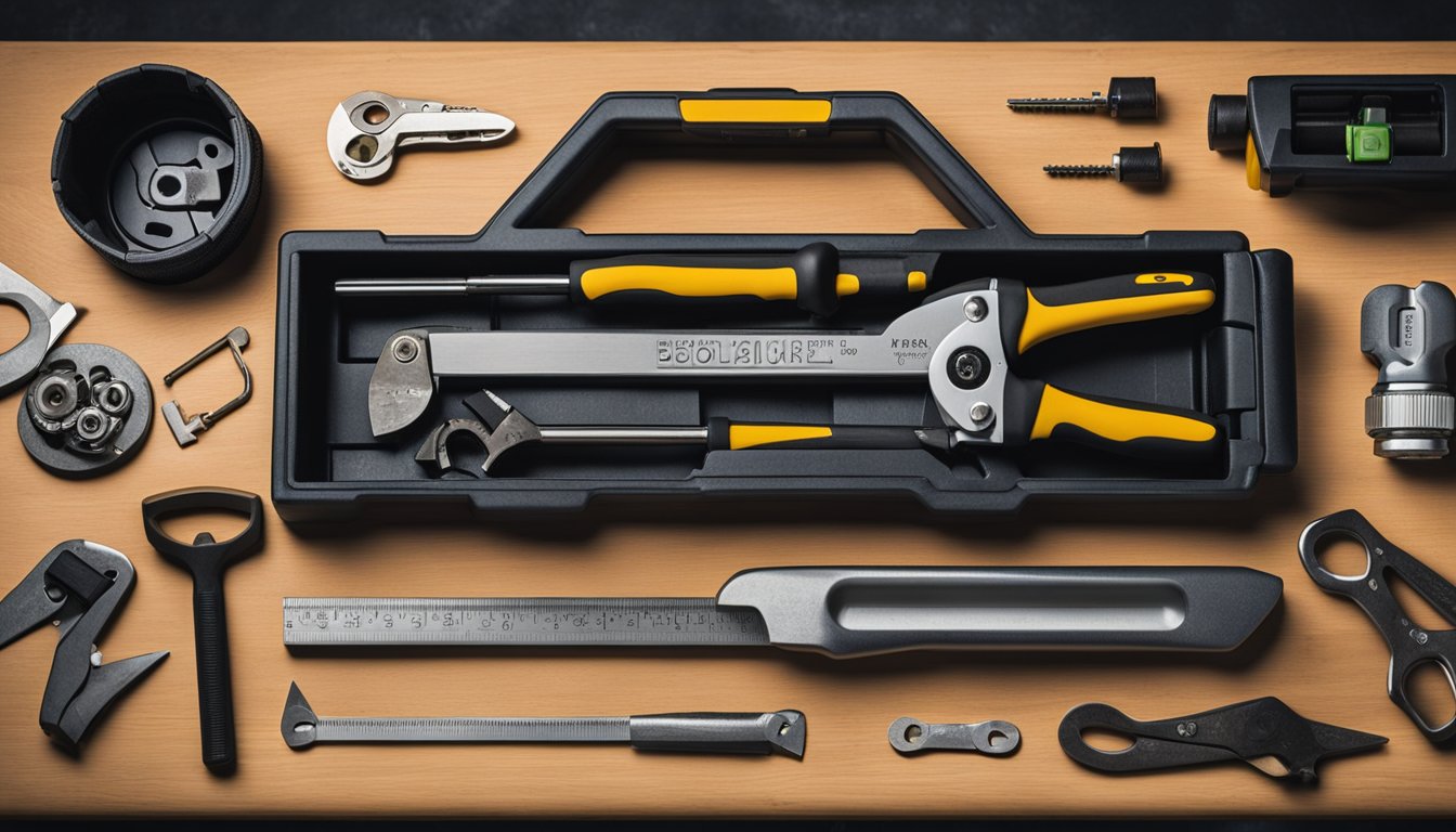 A toolbox open on a wooden workbench, with a hammer, screwdriver, pliers, and wrench laid out neatly. A level, tape measure, and flashlight are also visible