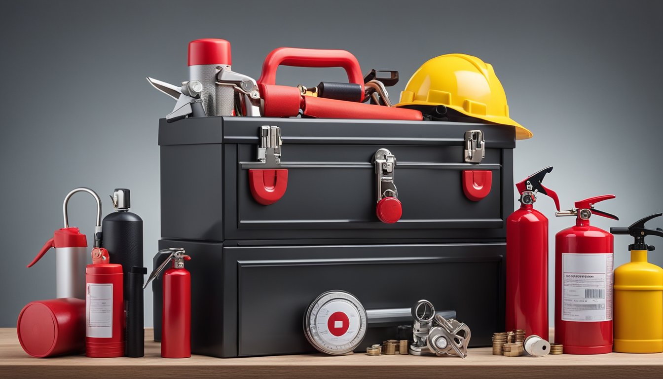 A toolbox with a lock, flashlight, first aid kit, fire extinguisher, and home security system displayed on a shelf against a neutral background