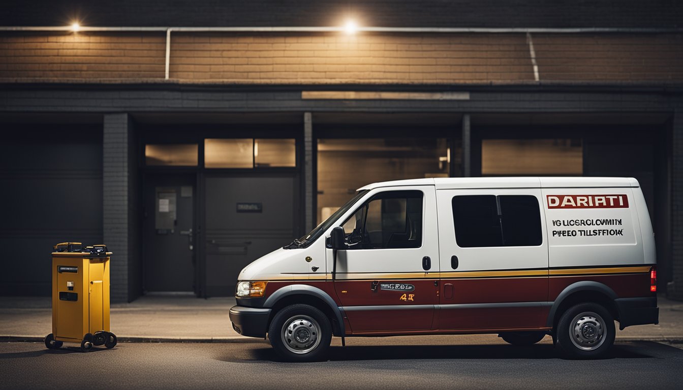 A locksmith's van parked outside a darkened building, with a toolbox and flashlight on the ground. A phone with multiple missed calls lies next to the toolbox