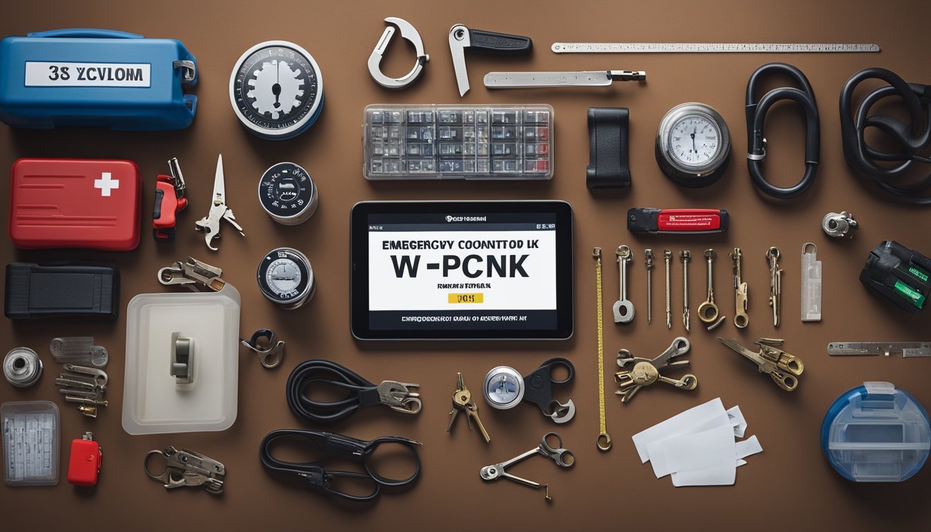 A locksmith's workbench with organized tools, emergency lock picking kit, and first aid supplies. A phone with emergency contact numbers and a clear evacuation plan posted on the wall