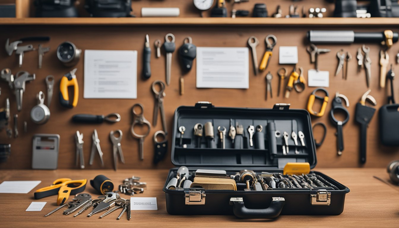 A locksmith's toolkit laid out neatly on a workbench, with emergency response plans and community collaboration guidelines displayed on the wall