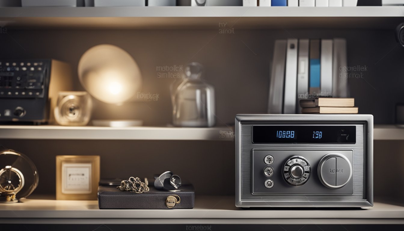 A home safe sits on a sturdy shelf, surrounded by various household items. A key and combination lock are visible, and the safe has a sleek, modern design