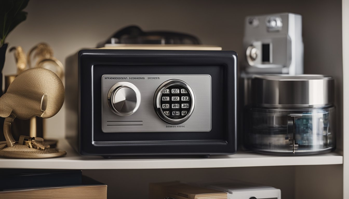 A home safe sits on a sturdy shelf, surrounded by various household items. A key and combination lock are visible, with a "Frequently Asked Questions" guide nearby