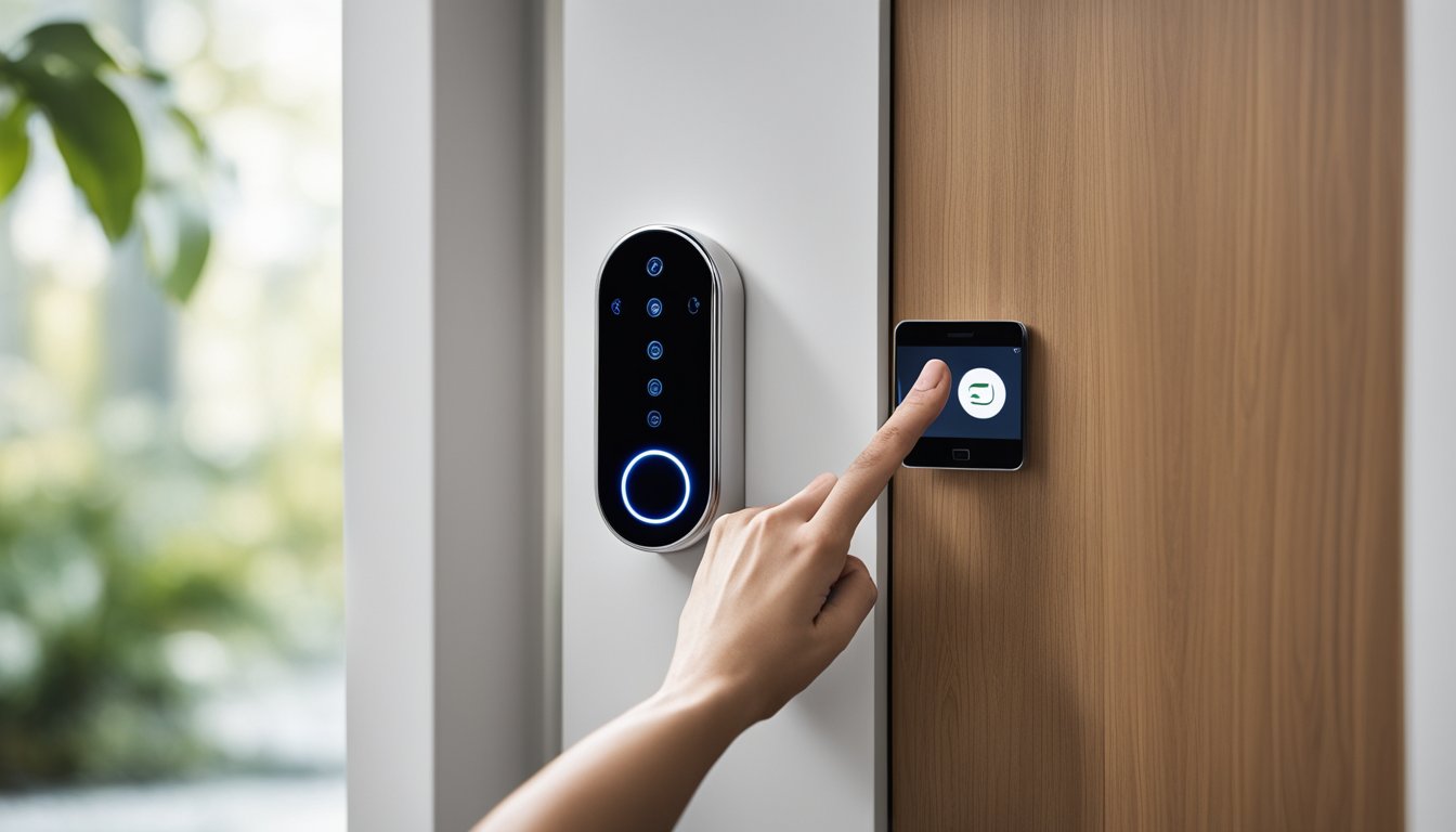 A hand reaches for a smart door sensor, installing it above the existing lock. The sensor connects to a smartphone app for remote monitoring and control