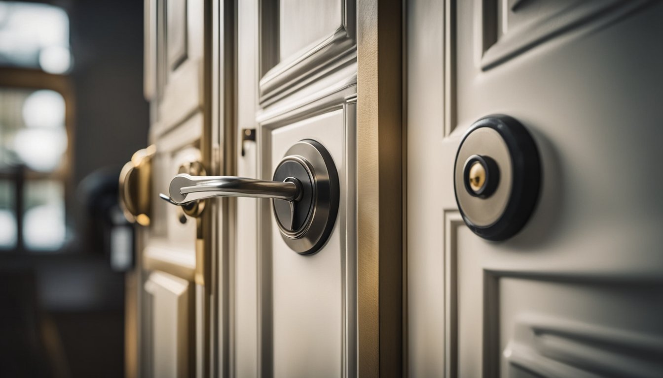 A door with a lock being examined for security features, while various tools and materials are used to improve its security