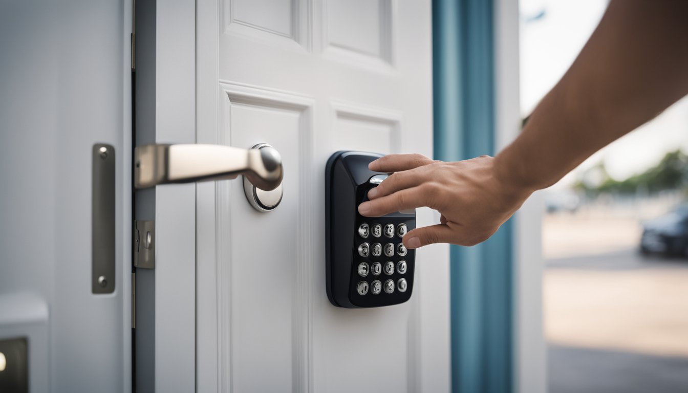 A hand reaches for a door with a keyless entry pad and a security camera mounted above. A sturdy deadbolt is visible on the door