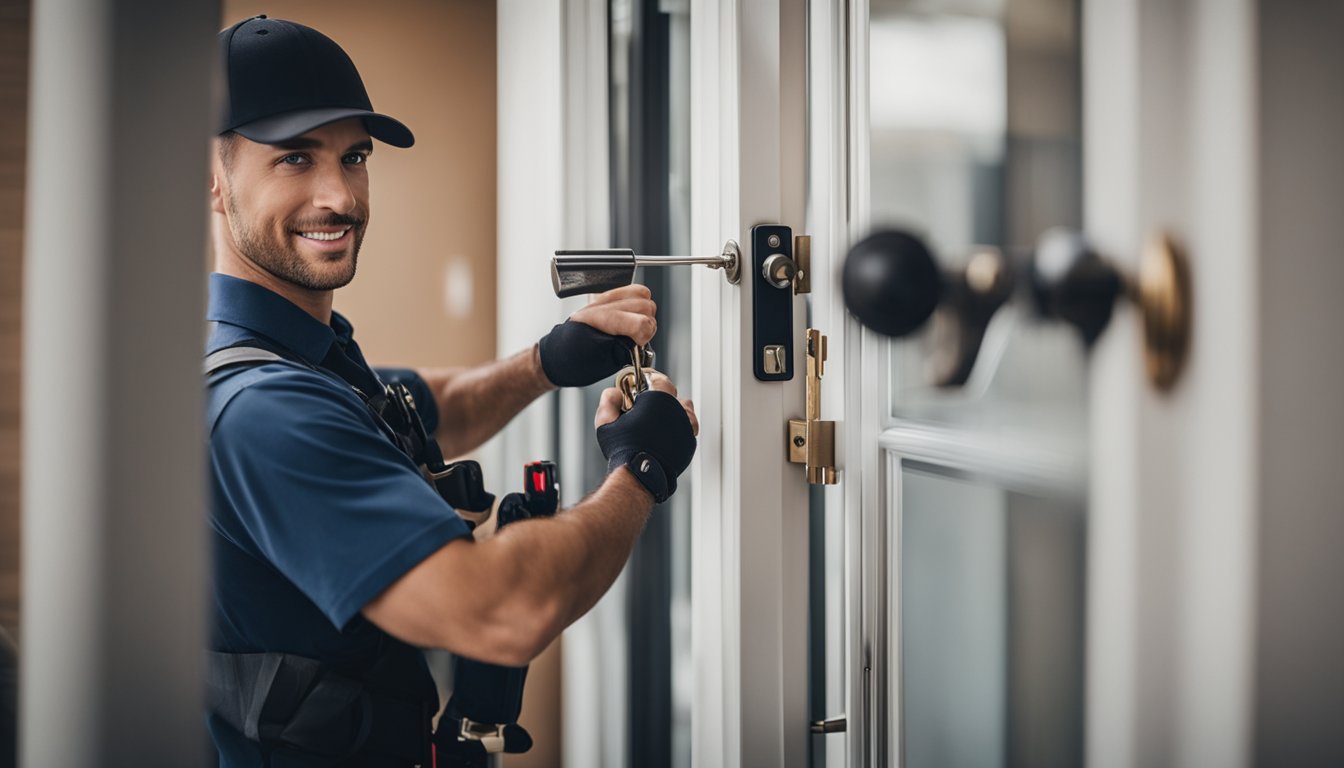 A locksmith unlocking a rental property door with a set of professional tools