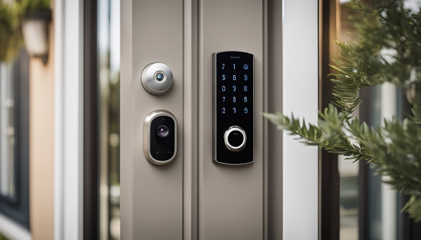 A modern keyless entry system installed on a rental property door, with a smartphone app and security camera