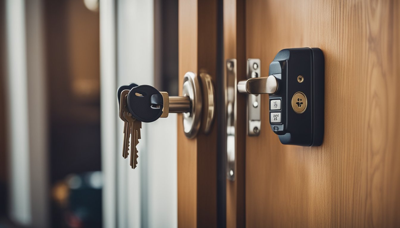 A locksmith installing secure locks on rental property doors. Tools and key rings scattered on the floor. FAQs poster on the wall