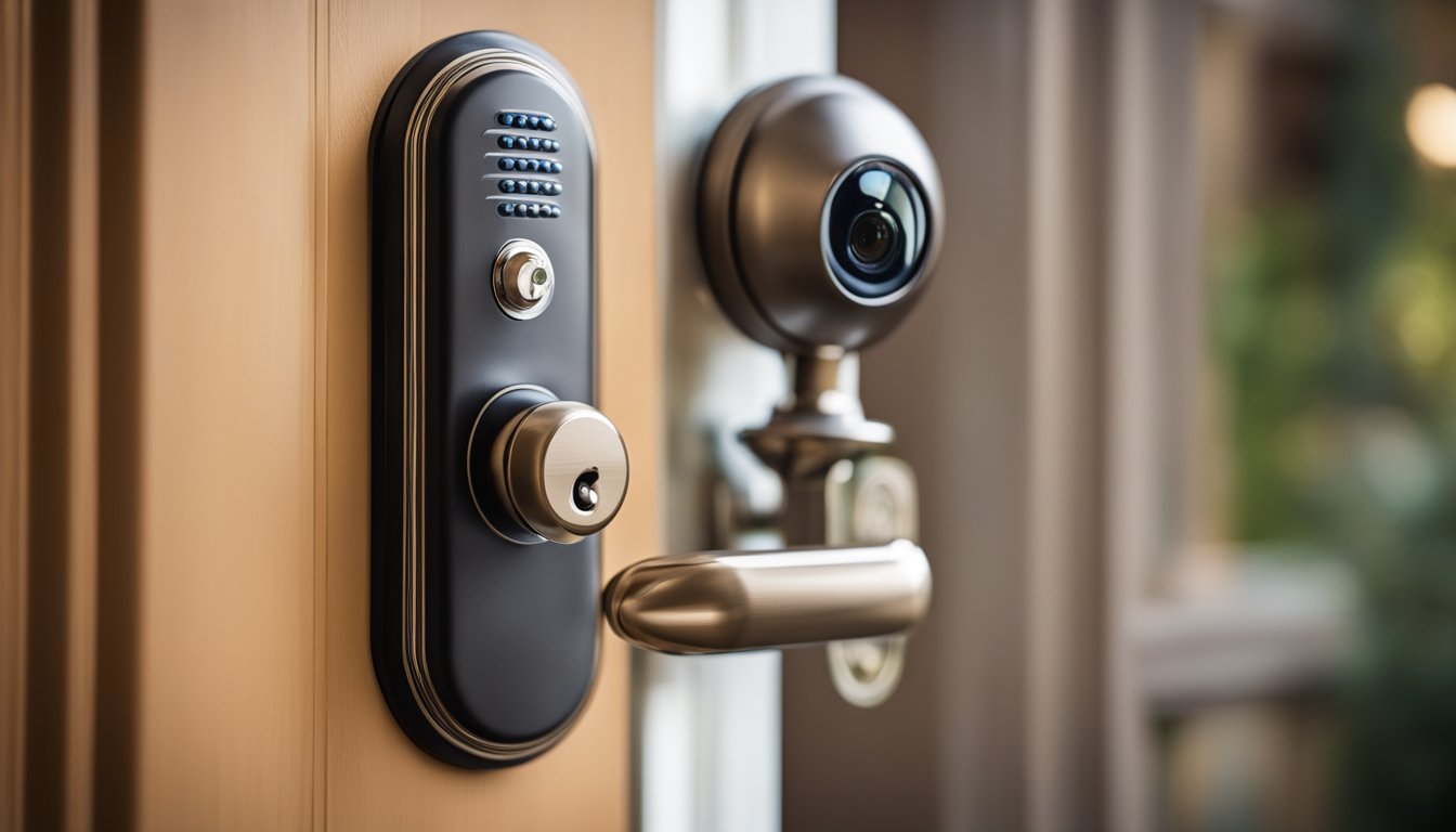 A cozy apartment with a sturdy deadbolt lock, a security camera by the front door, and a well-lit exterior with motion sensor lights