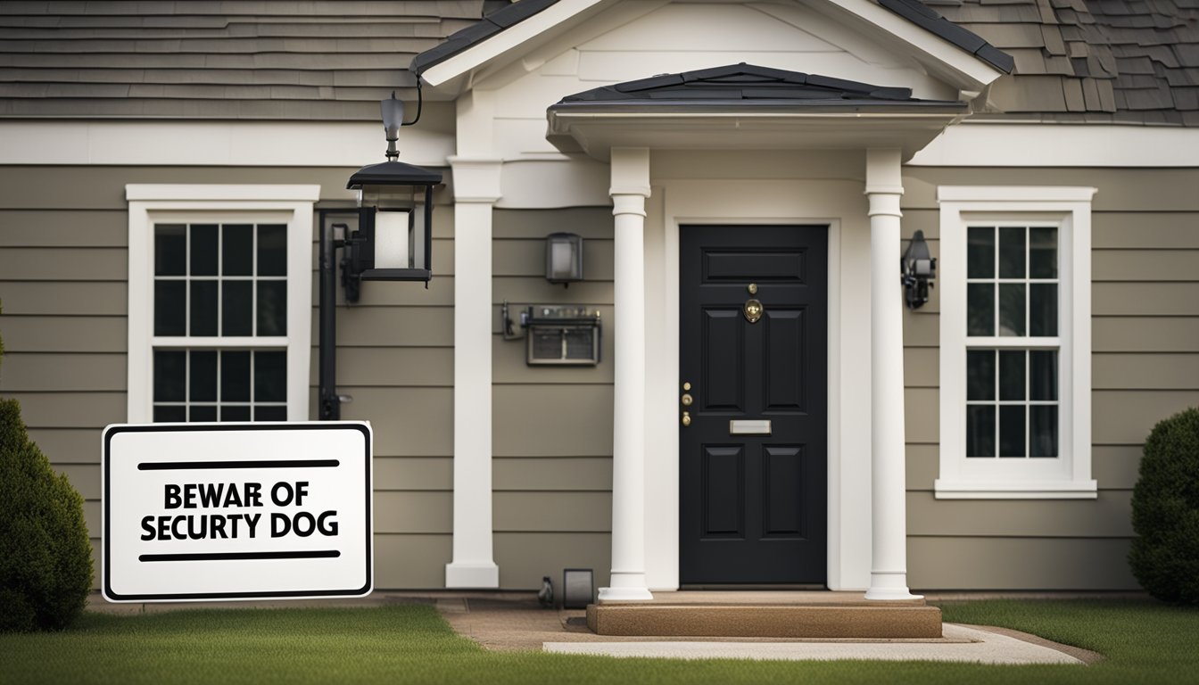 A house with locked doors and windows, motion sensor lights, and a security camera. A "Beware of Dog" sign and a visible alarm system