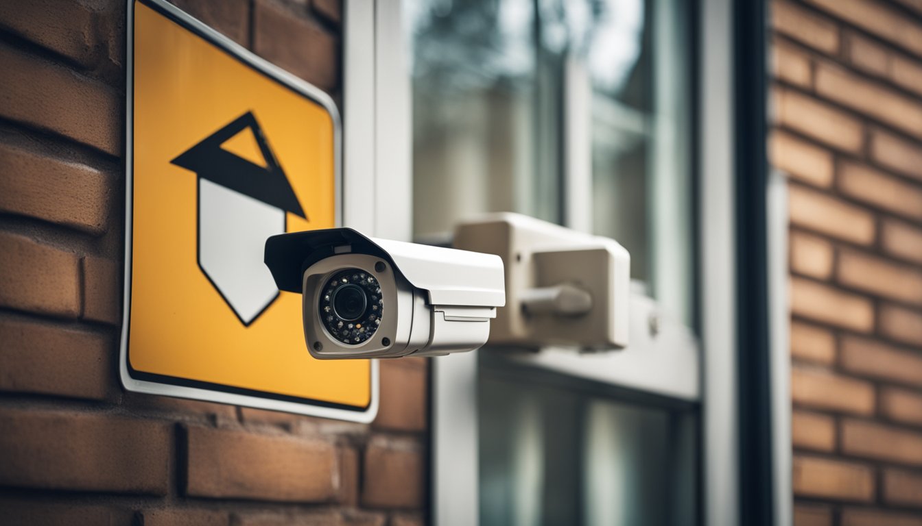 A renter installs a security camera, locks windows, and sets an alarm. A sign warns of surveillance