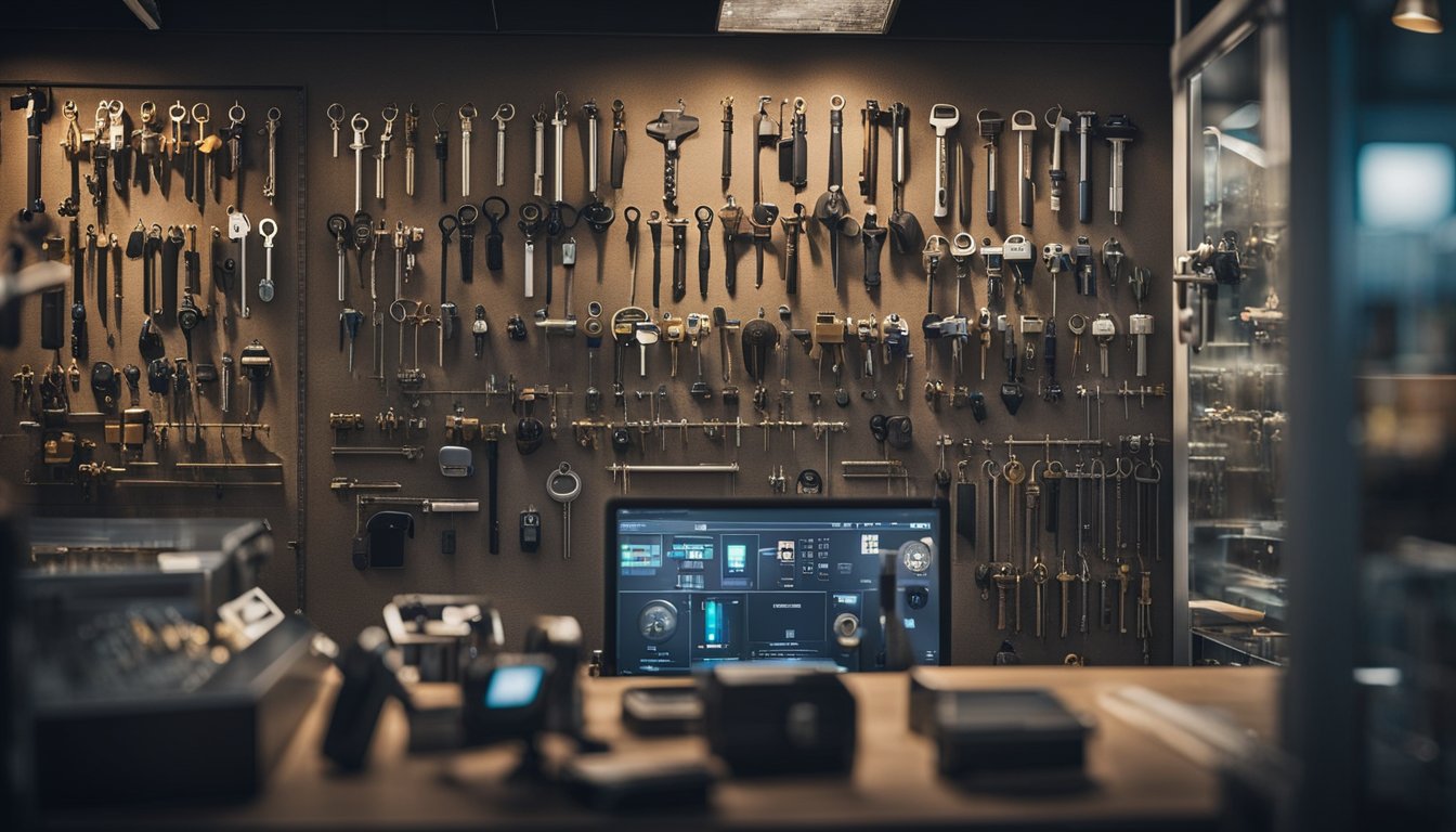 A locksmith shop with modern tools, key cutting machines, and a display of smart locks and security systems. A poster showcasing upcoming trends and innovations for 2024